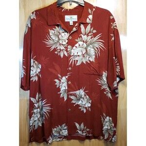 Island Shores Mens XL Hawaiian Shirt Rust Red Tropical Floral Rayon Camp Shirt